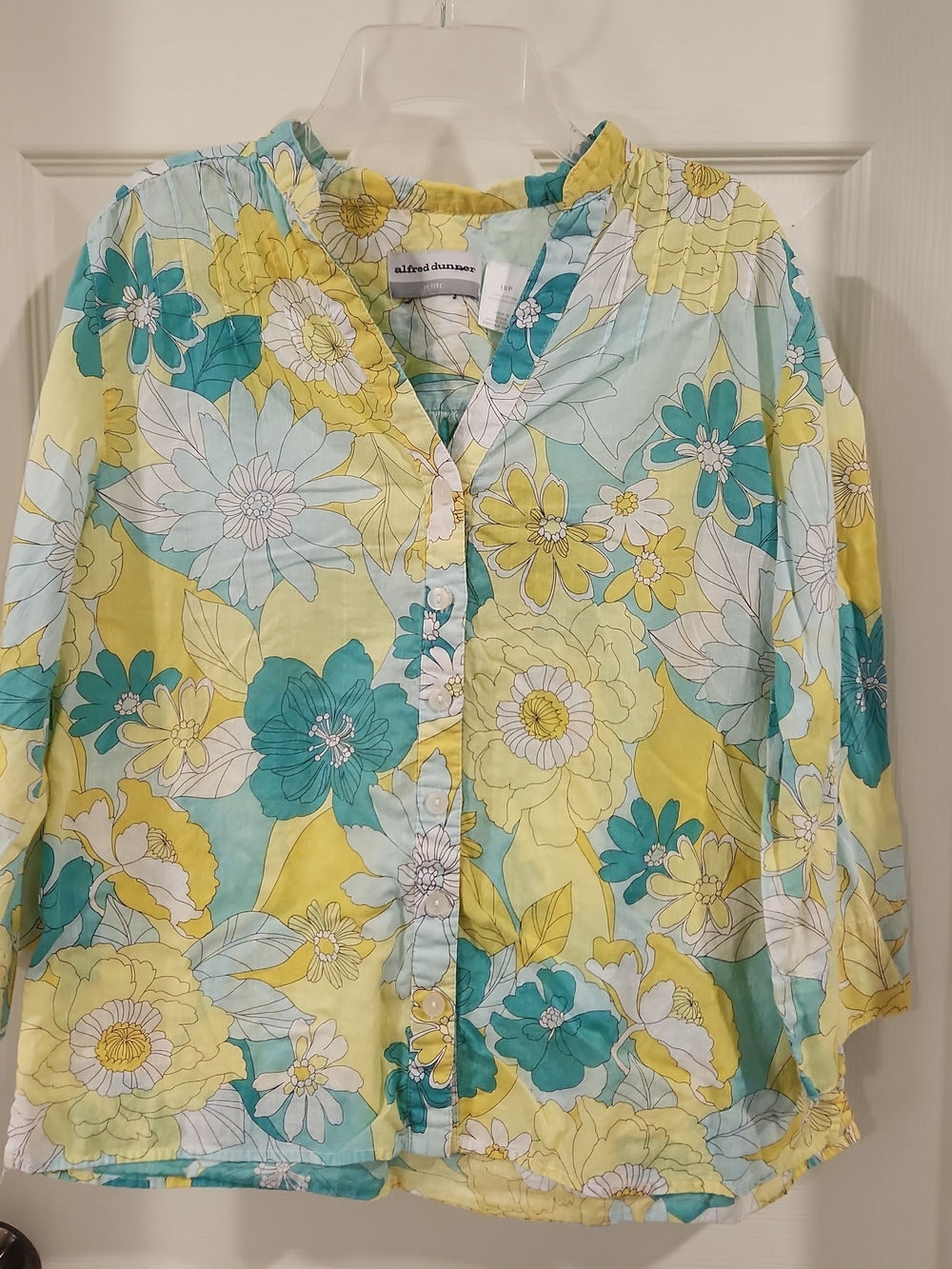Alfred Dunner Blouse Size 10P Petiti Floral Button Up 3/4 Sleeve Cotton Yellow
